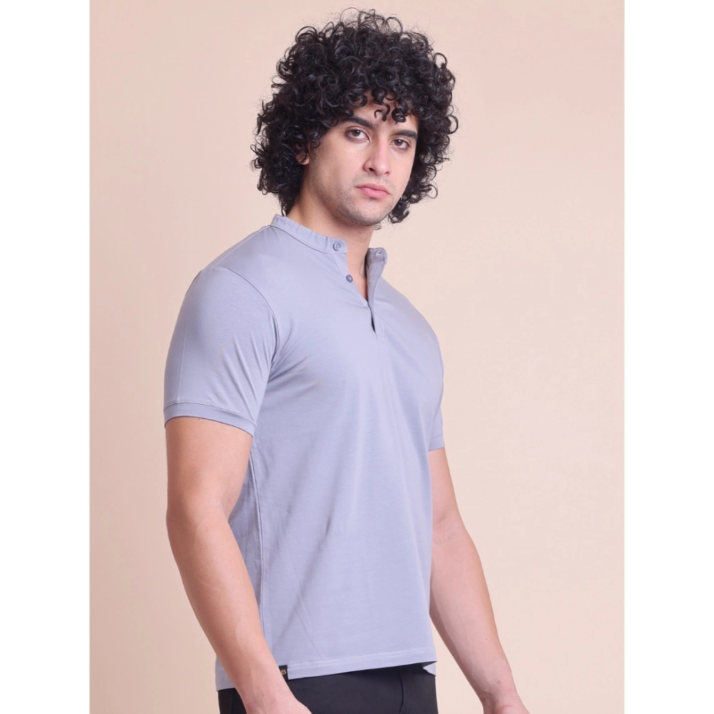 Generic Men's Casual Cotton Solid Half Sleeve Mandarin Collar T-Shirt (Teegrey) - Image 4