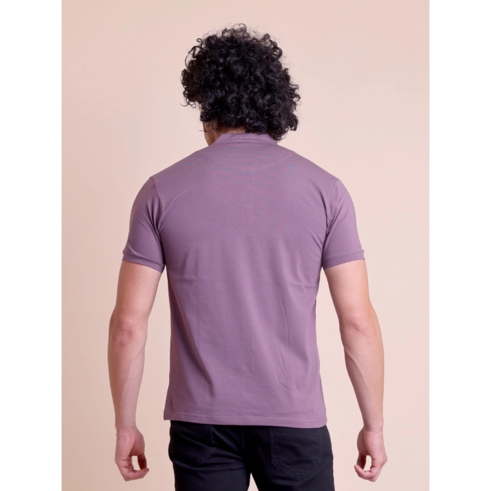 Generic Men's Casual Cotton Solid Half Sleeve Mandarin Collar T-Shirt (Berry) - Image 3