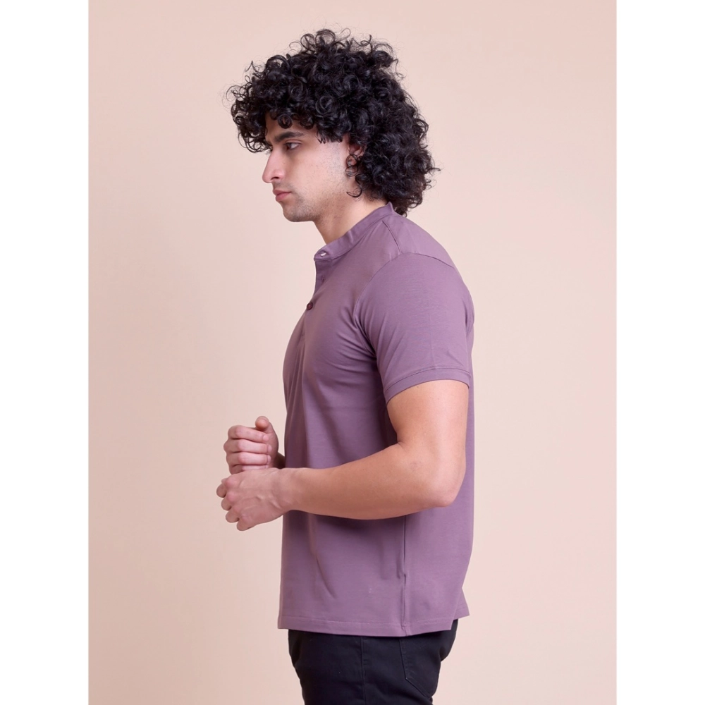Generic Men's Casual Cotton Solid Half Sleeve Mandarin Collar T-Shirt (Berry) - Image 5