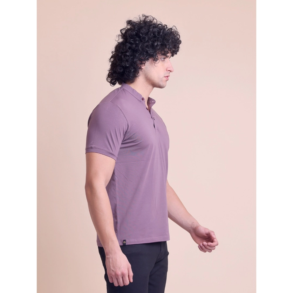Generic Men's Casual Cotton Solid Half Sleeve Mandarin Collar T-Shirt (Berry) - Image 4