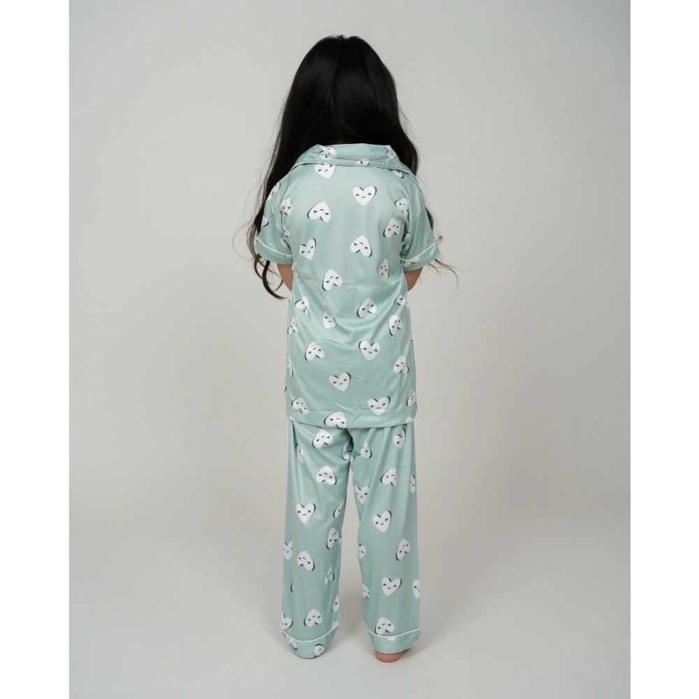 Generic Girl's Silk Bleand Printed Short Sleeve Night Suit Set (Light Green) - Image 4
