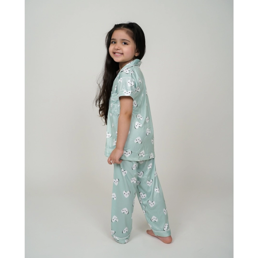 Generic Girl's Silk Bleand Printed Short Sleeve Night Suit Set (Light Green) - Image 3