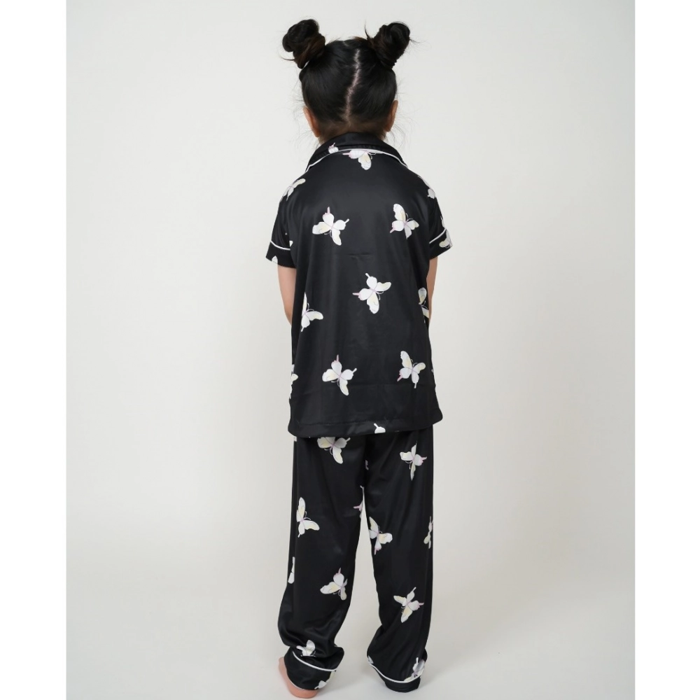 Generic Girl's Silk Bleand Printed Short Sleeve Night Suit Set (Black) - Image 4