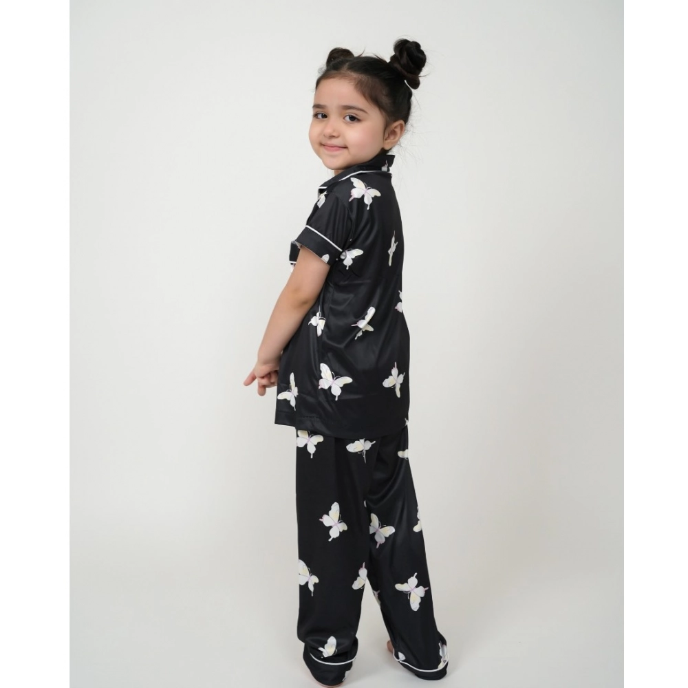 Generic Girl's Silk Bleand Printed Short Sleeve Night Suit Set (Black) - Image 3
