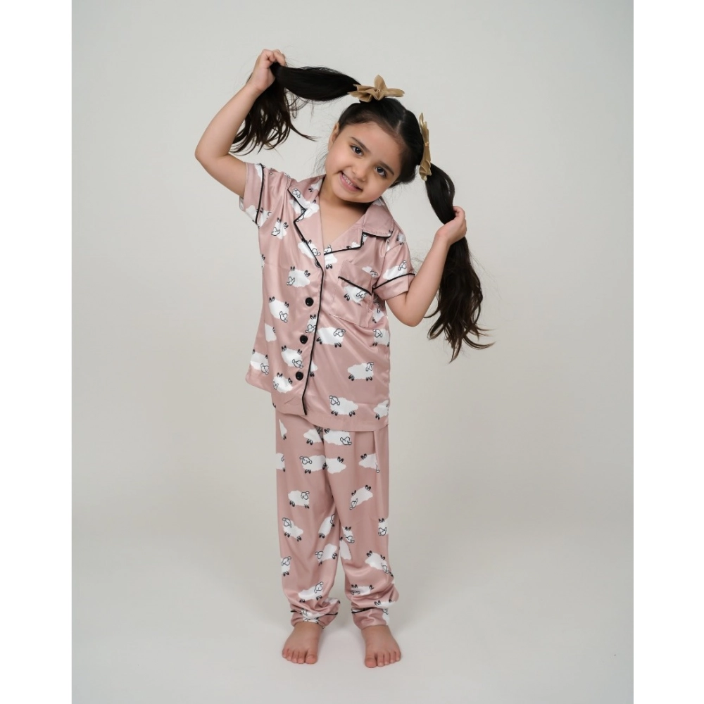 Generic Girl's Silk Bleand Printed Short Sleeve Night Suit Set (Brown) - Image 3