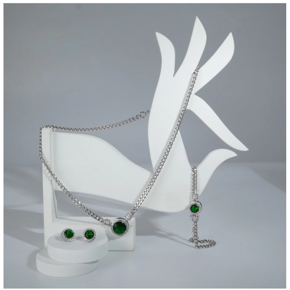 Generic Women's Stainless Steel Green Color Silver Chain Western Combo Jewelry (Silver Plated) - Image 3