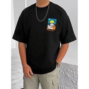 Generic Men's Casual Cotton Blend Printed Round Neck Half Sleeve T-Shirt (Black)