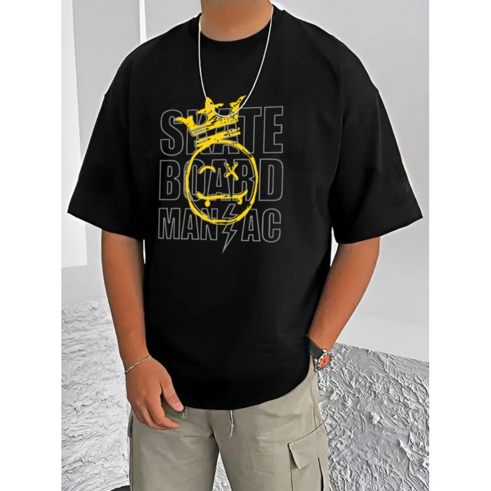 Generic Men's Casual Cotton Blend Printed Round Neck Half Sleeve T-Shirt (Black)