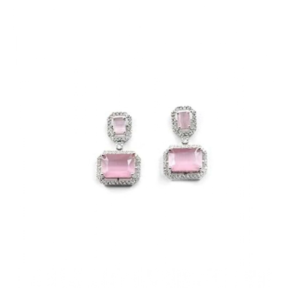 Generic Women's Brass Silver Plated Drop Earrings (Pink) - Image 4