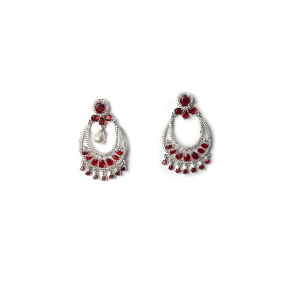 Generic Women's Brass Silver Plated Chandbali Earrings (Red) - Image 4