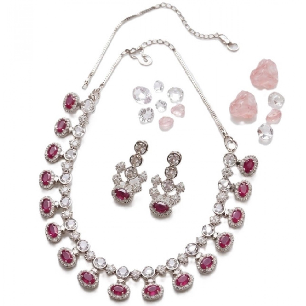 Generic Women's Brass Silver Plated Necklace set (Pink) - Image 4