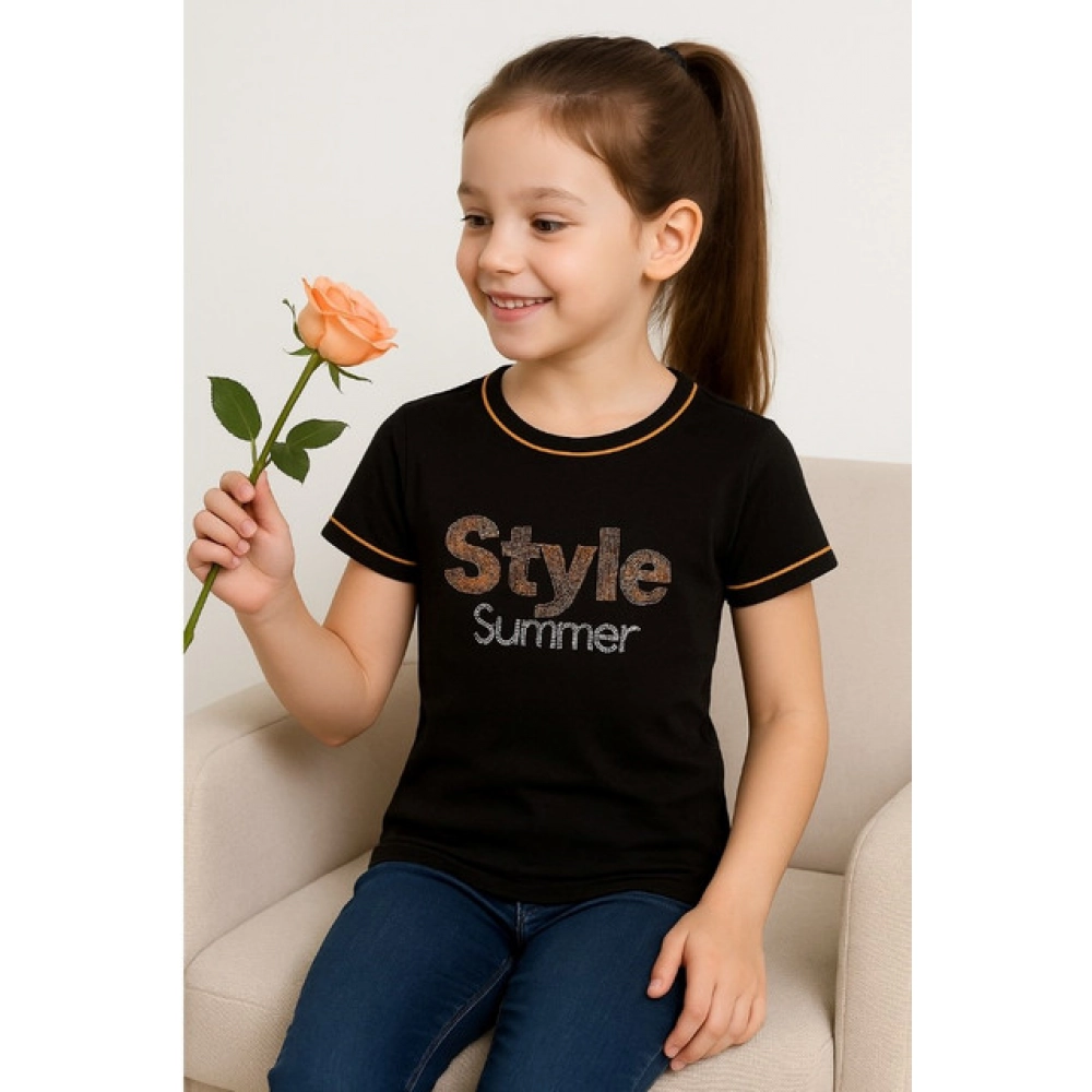 Generic Girl's Cotton Printeded Round Neck T-Shirt (Black) - Image 4