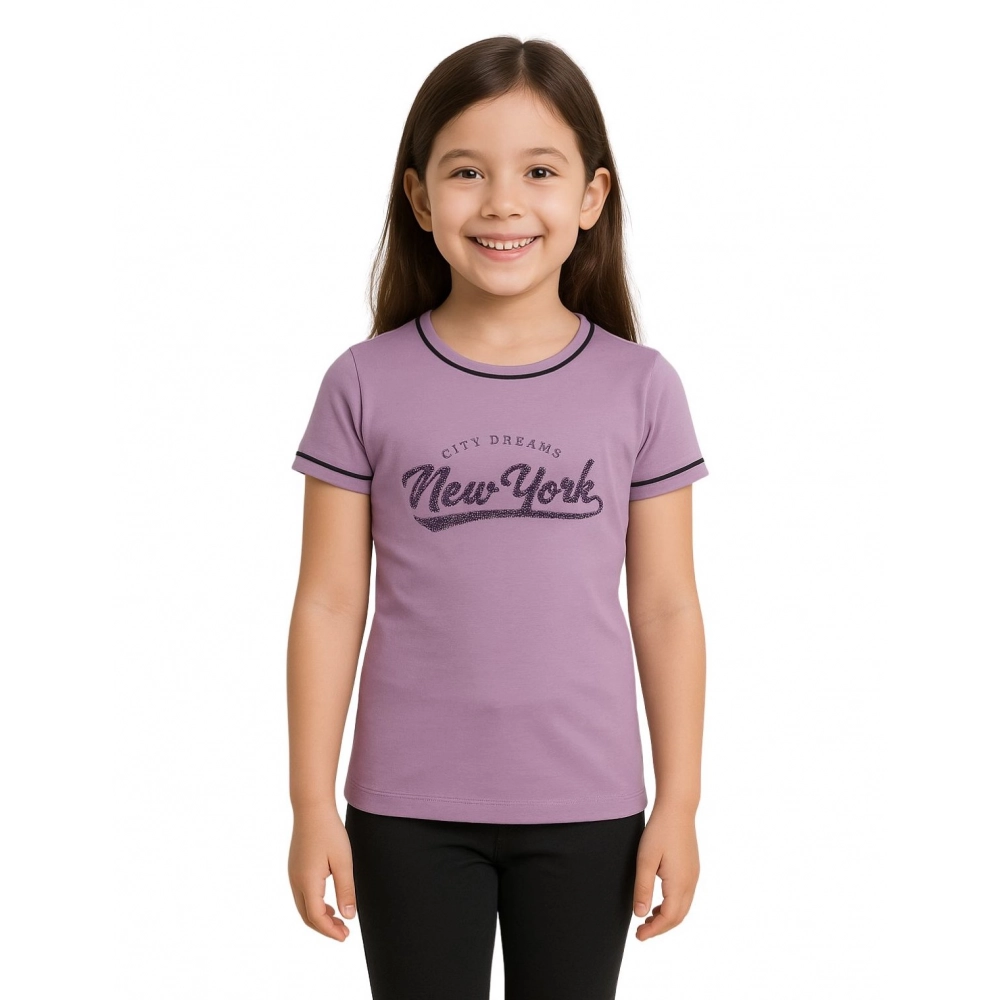 Generic Girl's Cotton Printeded Round Neck T-Shirt (Lavander)