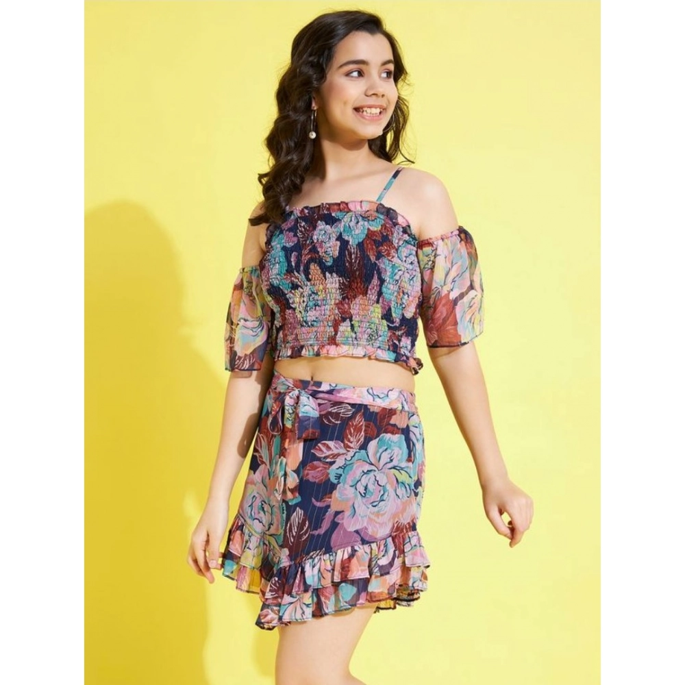 Generic Girl's Polyester Lurex Floral Shoulder Straps Top and Skirt Set (Multicolor) - Image 3