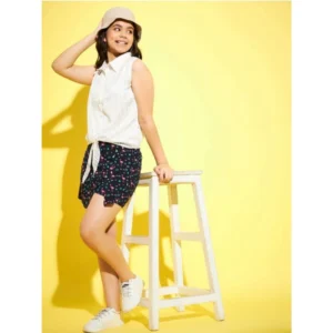 Generic Girl's Polyester Lurex Printed Sleeveless Top Set (White-Navy)