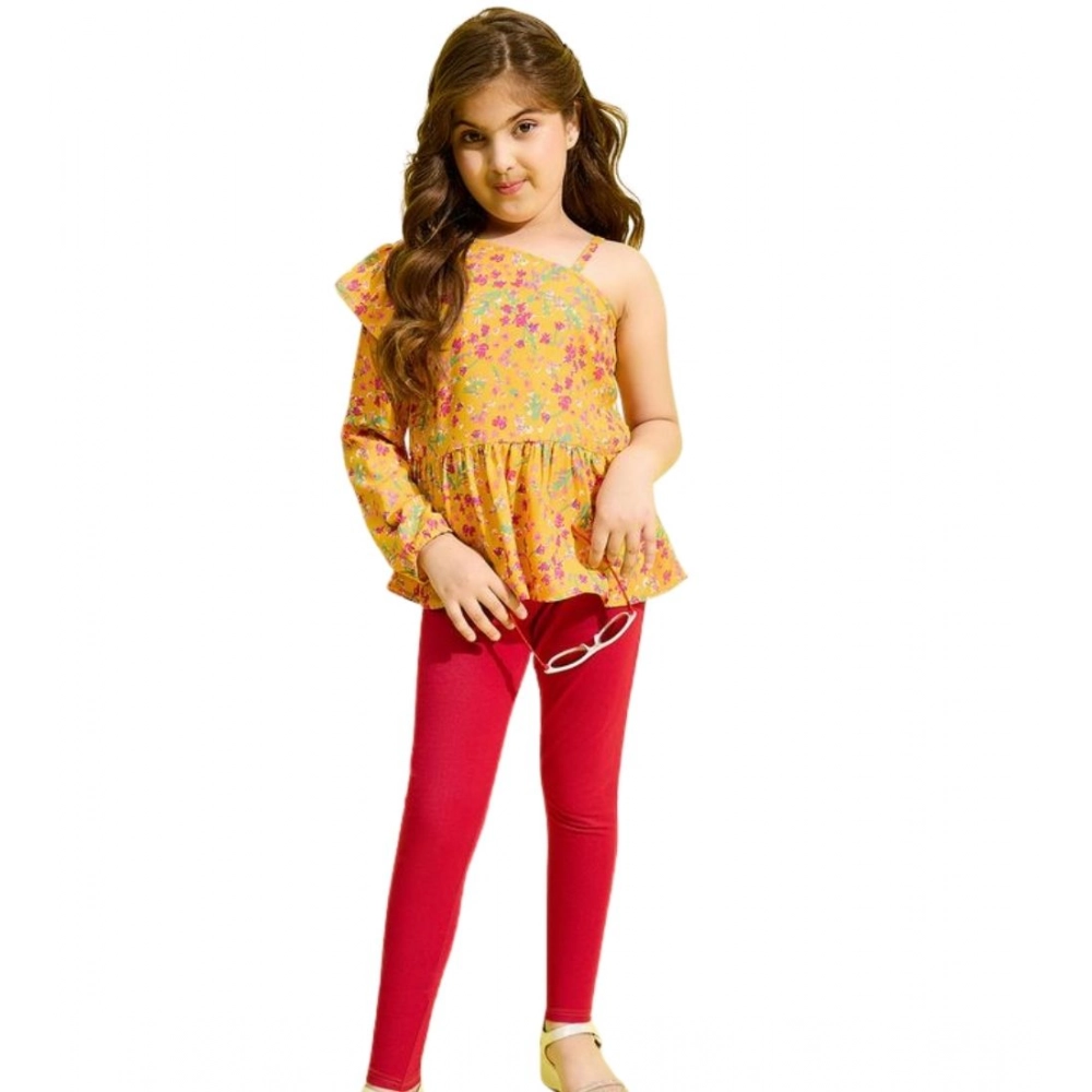 Generic Girl's Polyester Floral One Shoulder Jeggings Set (Yellow-Red) - Image 5