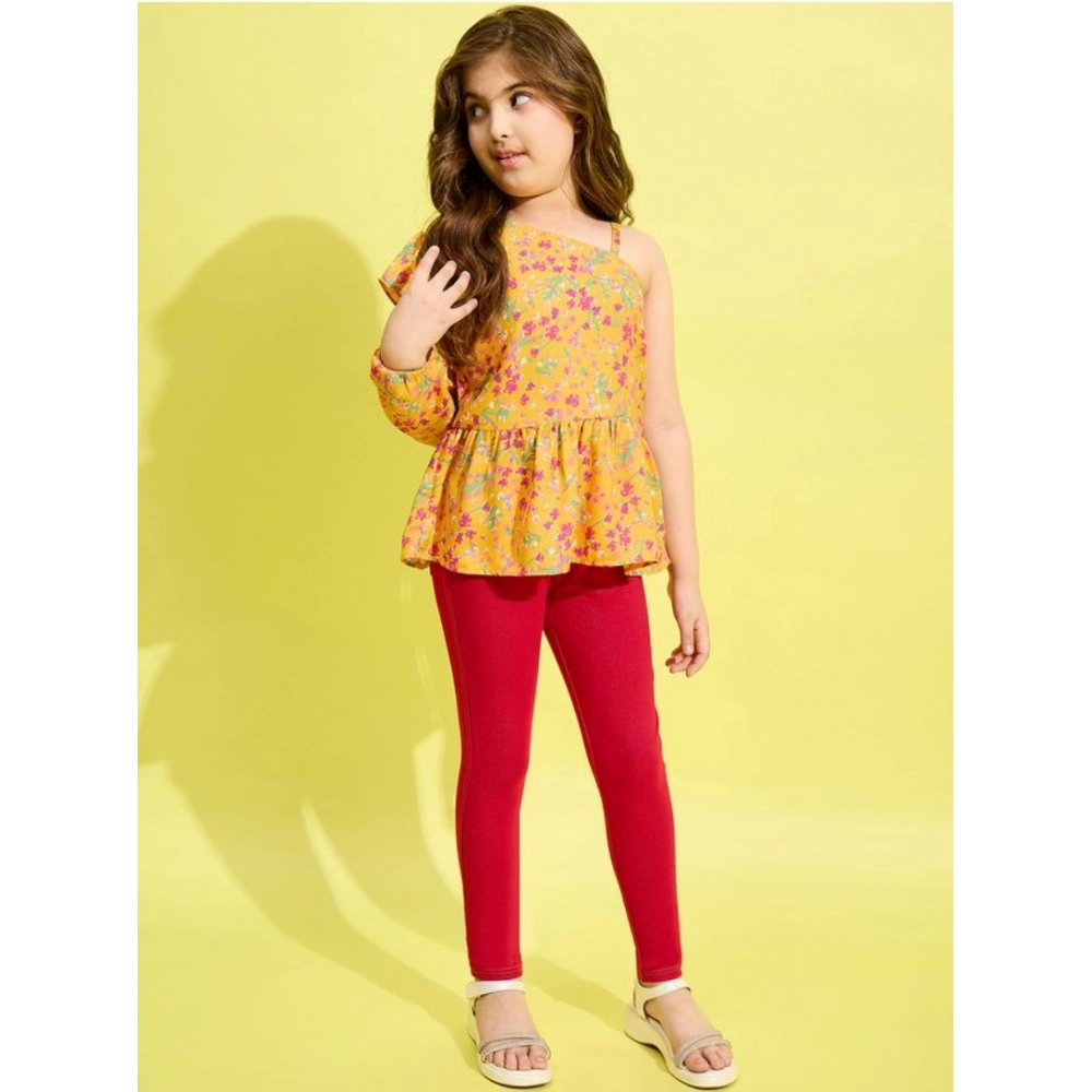 Generic Girl's Polyester Floral One Shoulder Jeggings Set (Yellow-Red) - Image 4