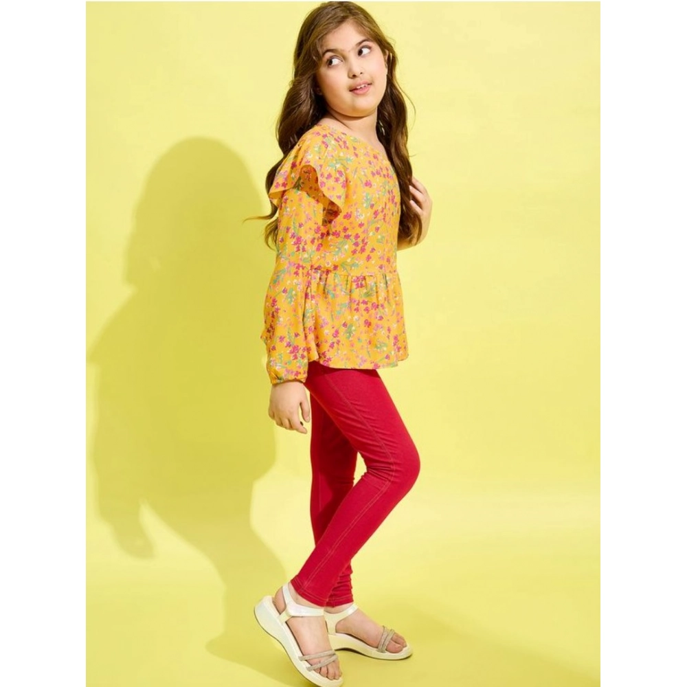 Generic Girl's Polyester Floral One Shoulder Jeggings Set (Yellow-Red) - Image 3