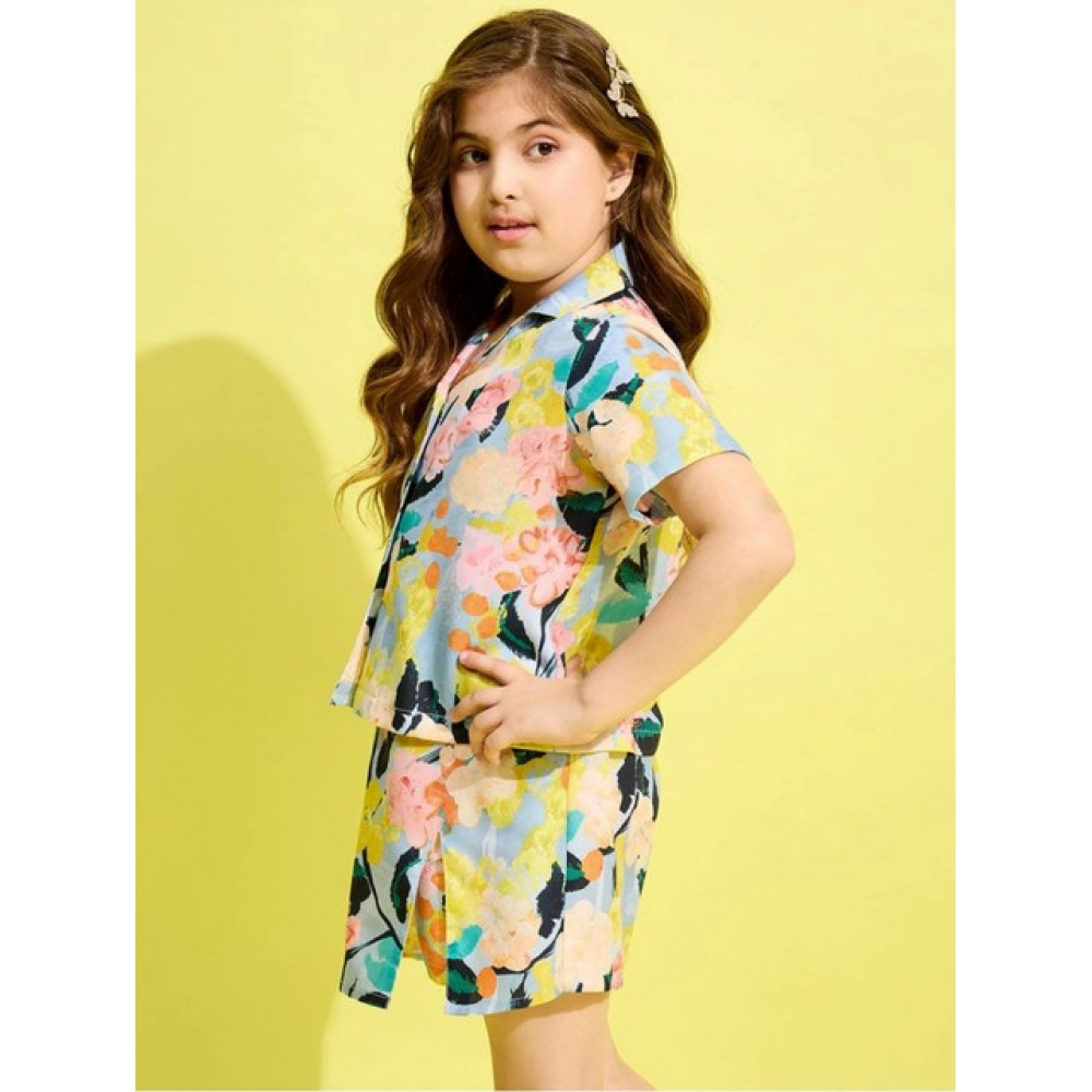 Generic Girl's Polyester Cotton Blend Pattern-Floral Short Sleeves Skorts Set (Blue-Multicolor) - Image 4