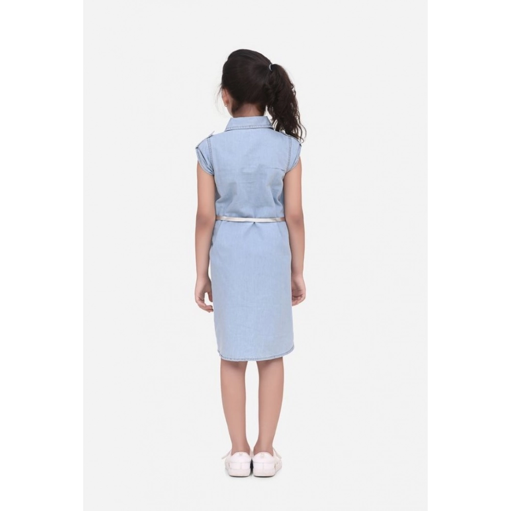 Generic Girl's Denim Hi Lo Short Sleeve Dress with Belt (Blue) - Image 4