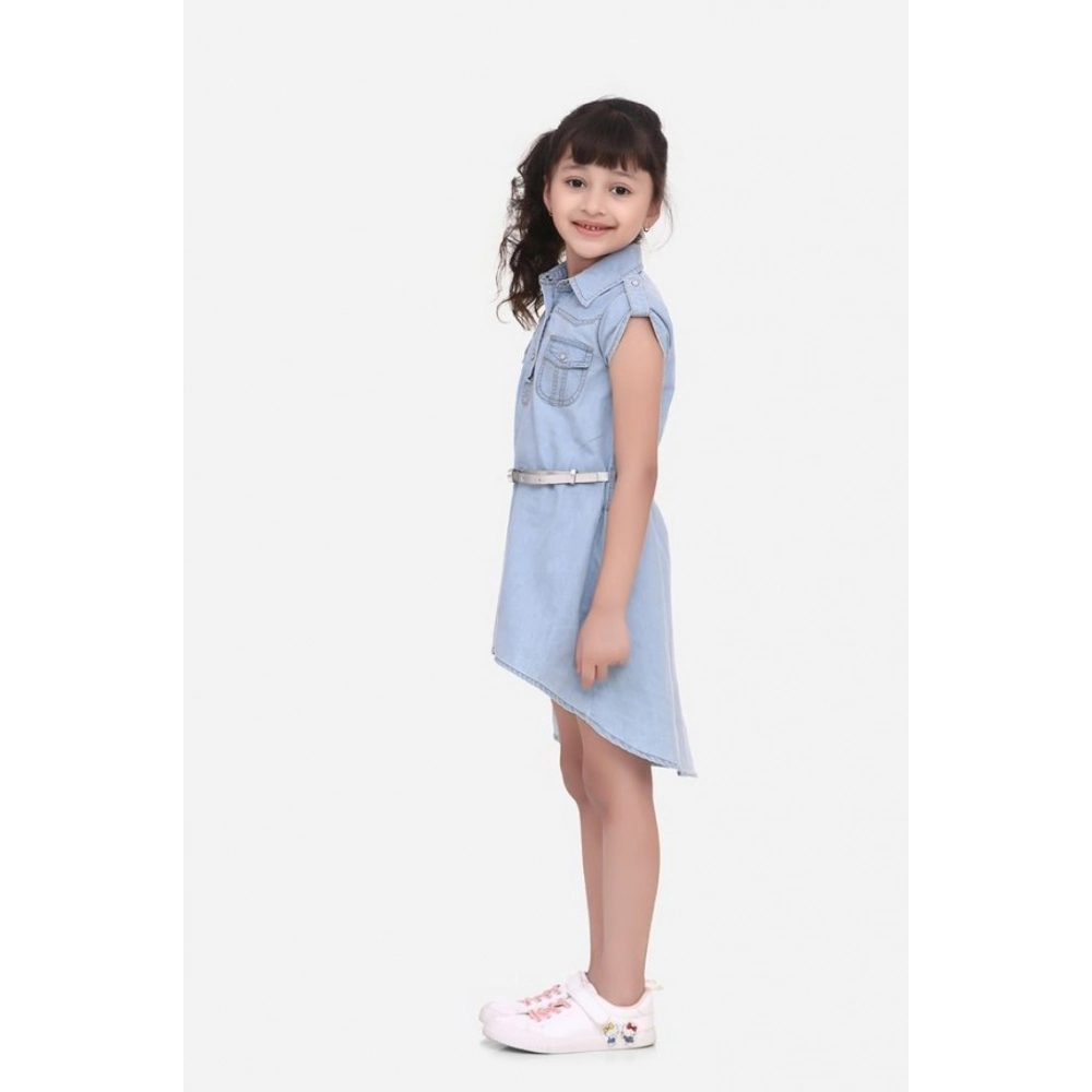 Generic Girl's Denim Hi Lo Short Sleeve Dress with Belt (Blue) - Image 3