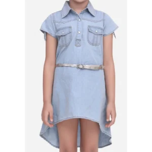 Generic Girl's Denim Hi Lo Short Sleeve Dress with Belt (Blue)