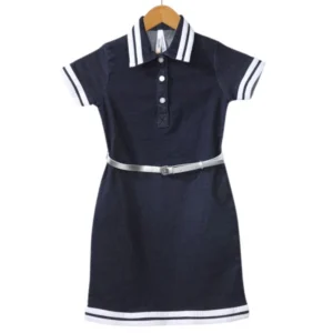 Generic Girl's Denim Lycra Ribbed Elasticated Dress with Belt (Navy Blue-White)