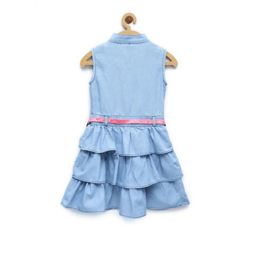 Generic Girl's Denim Embellished Sleeveless Dress with Belt (Light Blue) - Image 4
