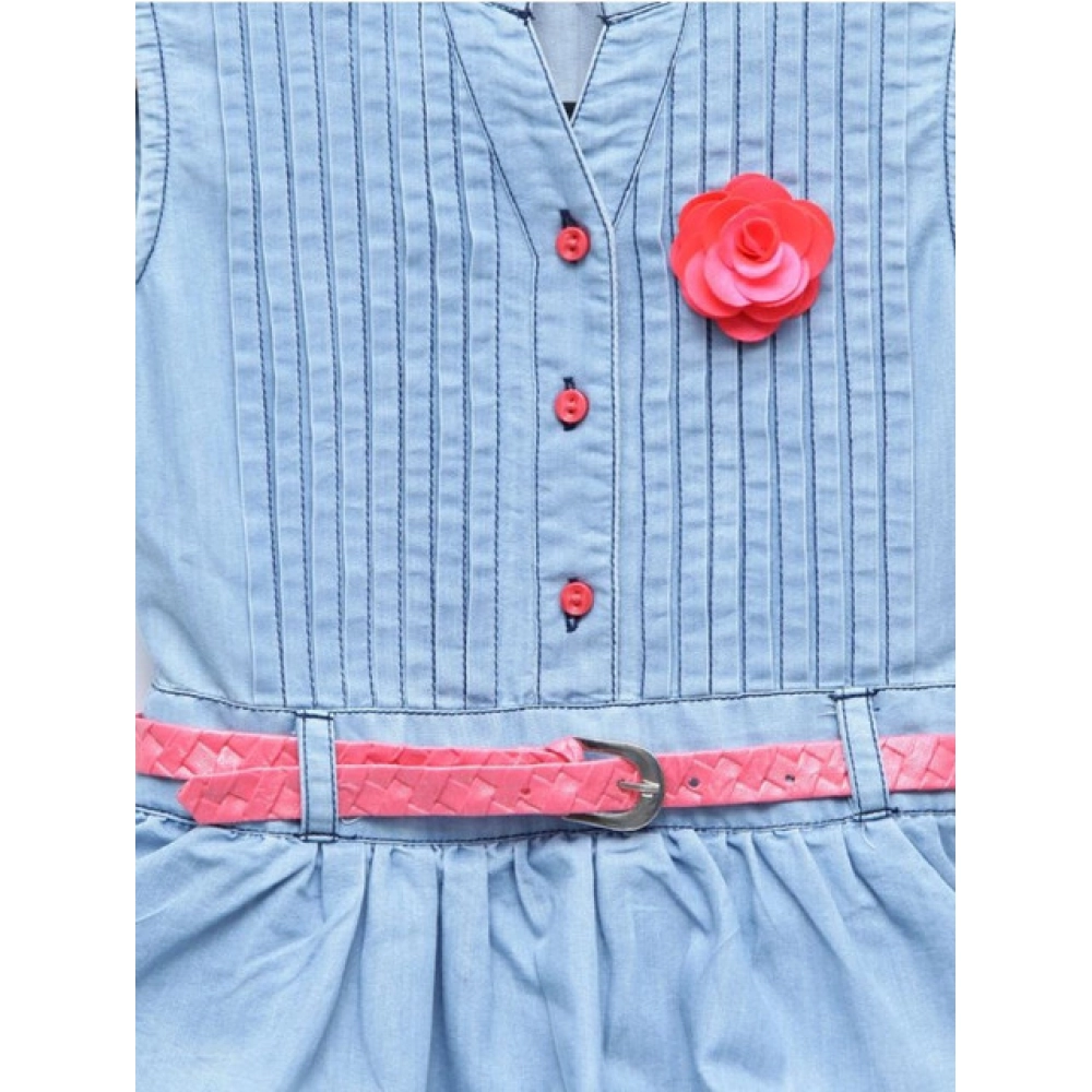 Generic Girl's Denim Embellished Sleeveless Dress with Belt (Light Blue) - Image 3