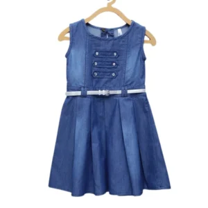 Generic Girl's Denim Embellished Sleeveless Dress with Belt (Blue)