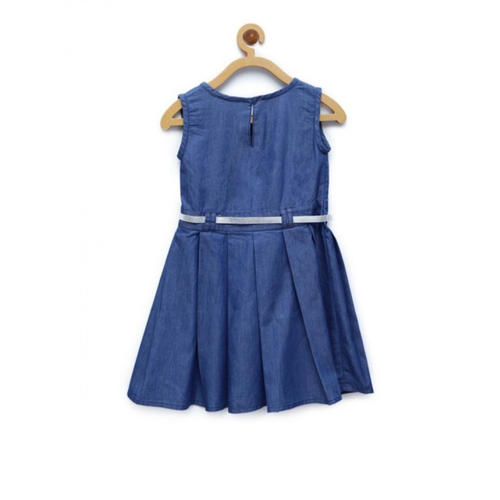 Generic Girl's Denim Embellished Sleeveless Dress with Belt (Blue) - Image 4