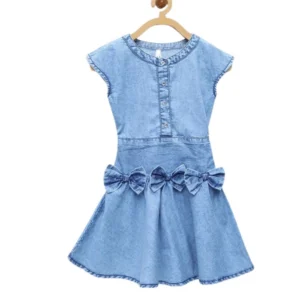Generic Girl's Denim Embellished Cap Sleeve bow Dress (Light Blue)