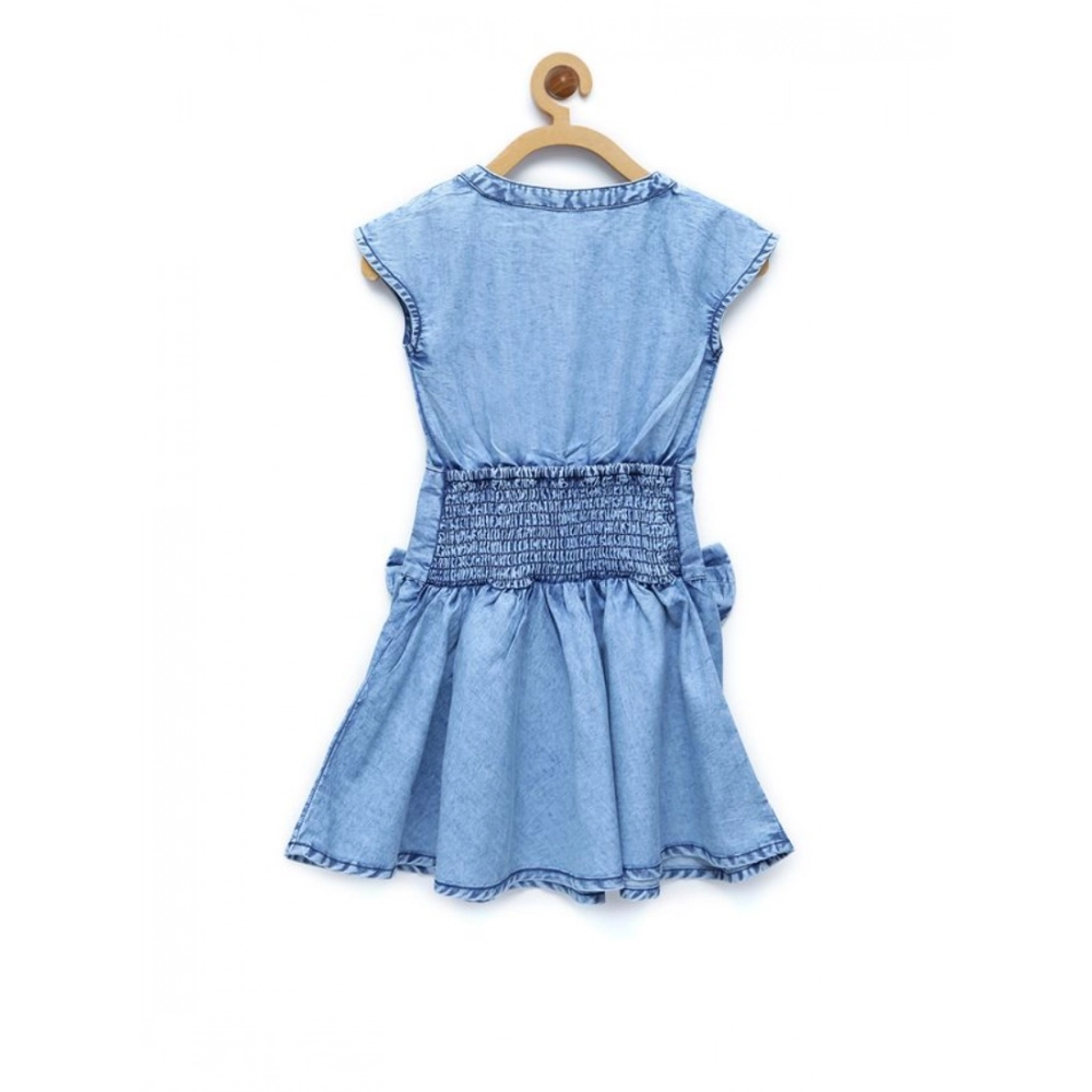 Generic Girl's Denim Embellished Cap Sleeve bow Dress (Light Blue) - Image 4