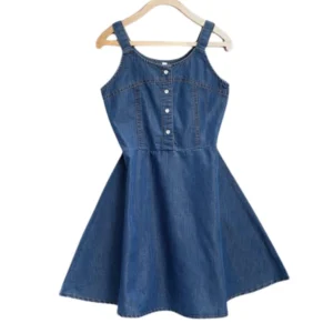 Generic Girl's Denim Printed Short Sleeve Dress with Straps (Blue)
