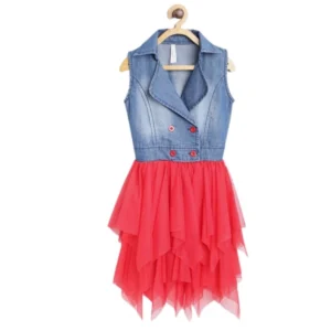 Generic Girl's Denim Roll Up Buttoned Dress (Blue-Red)