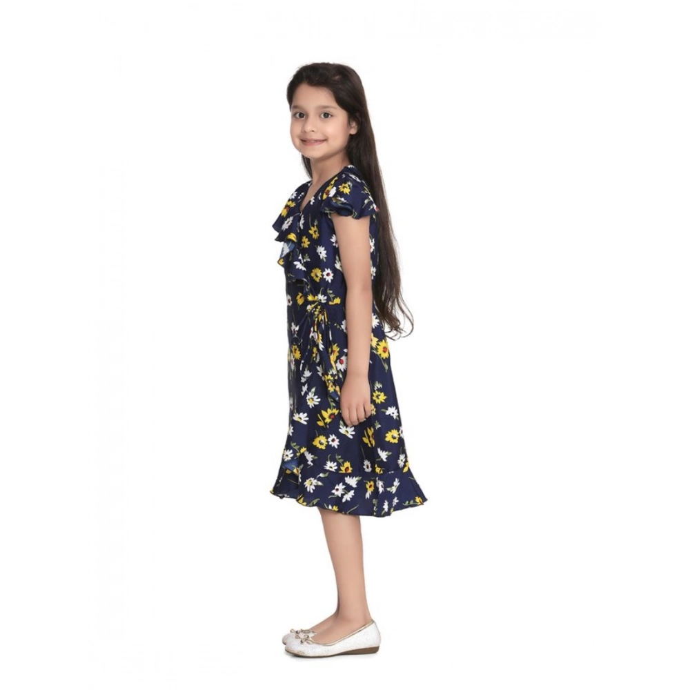 Generic Girl's Polyester Crepe Polka Cold Shoulder Dress (Navy Blue) - Image 3