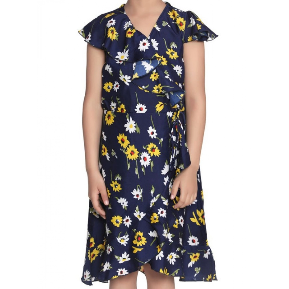 Generic Girl's Polyester Crepe Polka Cold Shoulder Dress (Navy Blue)