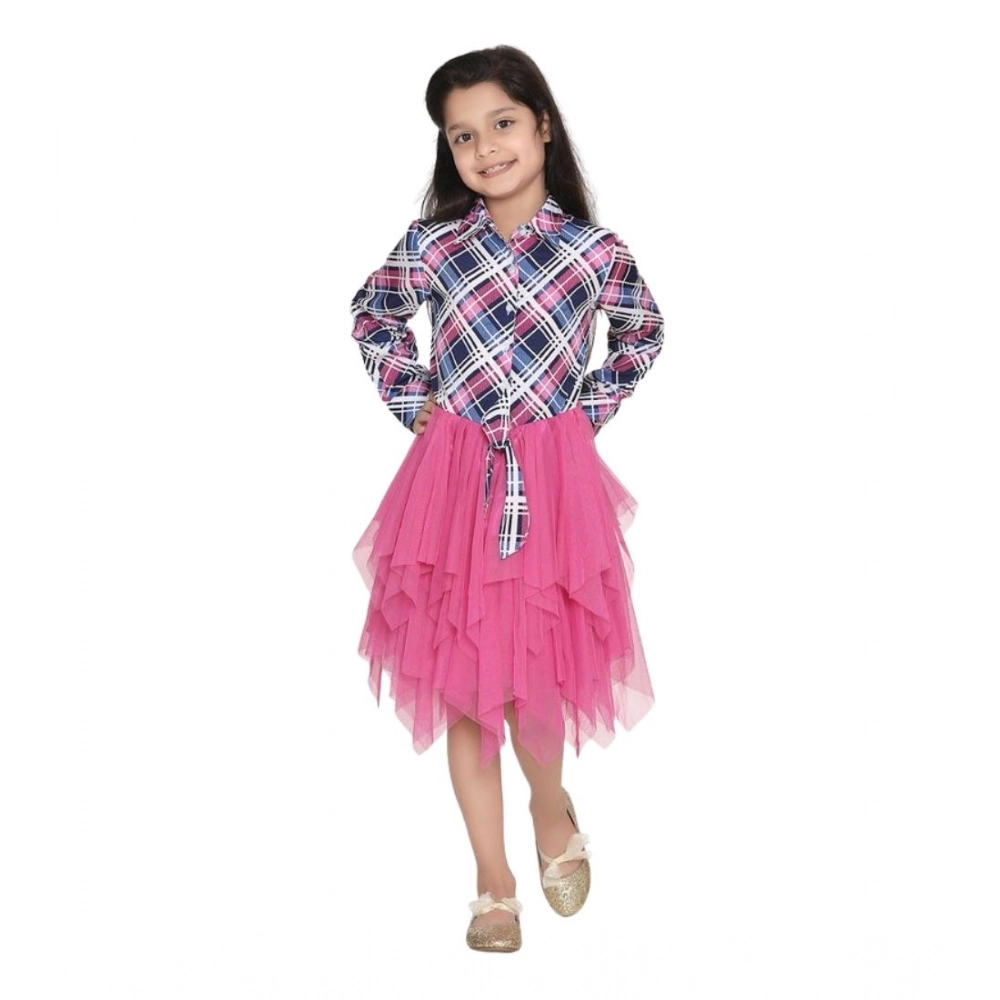 Generic Girl's Polyster Crepe Lace Inserts Long Sleeves Dress (Pink-Blue) - Image 5