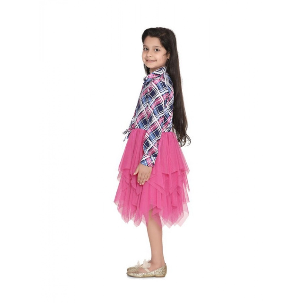 Generic Girl's Polyster Crepe Lace Inserts Long Sleeves Dress (Pink-Blue) - Image 3