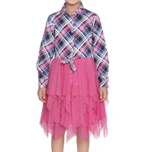 Generic Girl's Polyster Crepe Lace Inserts Long Sleeves Dress (Pink-Blue)