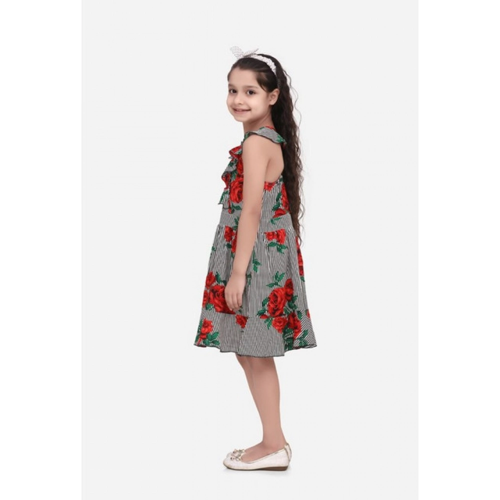 Generic Girl's Polyester Crepe Floral Shoulder Straps Dress (Red) - Image 3