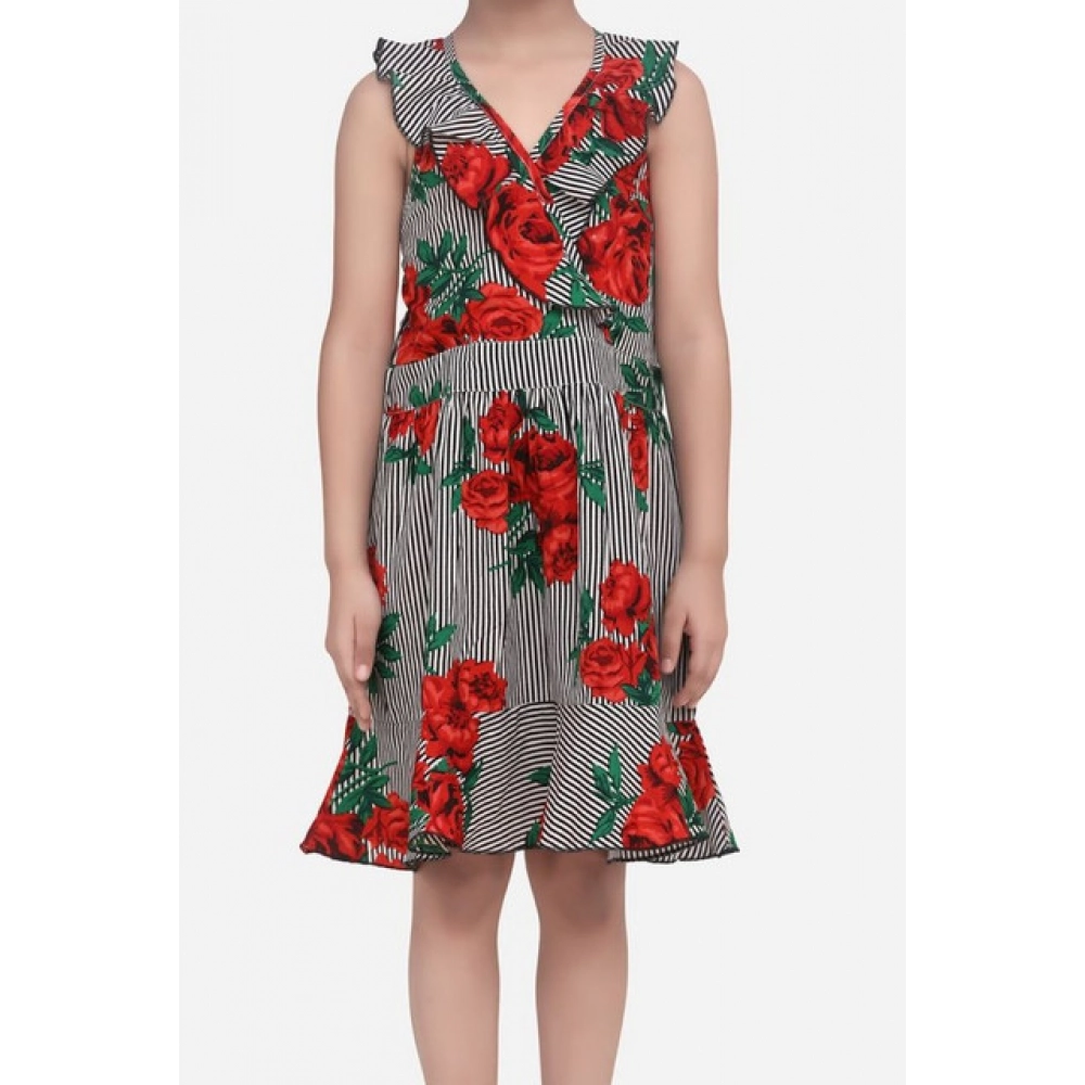 Generic Girl's Polyester Crepe Floral Shoulder Straps Dress (Red)