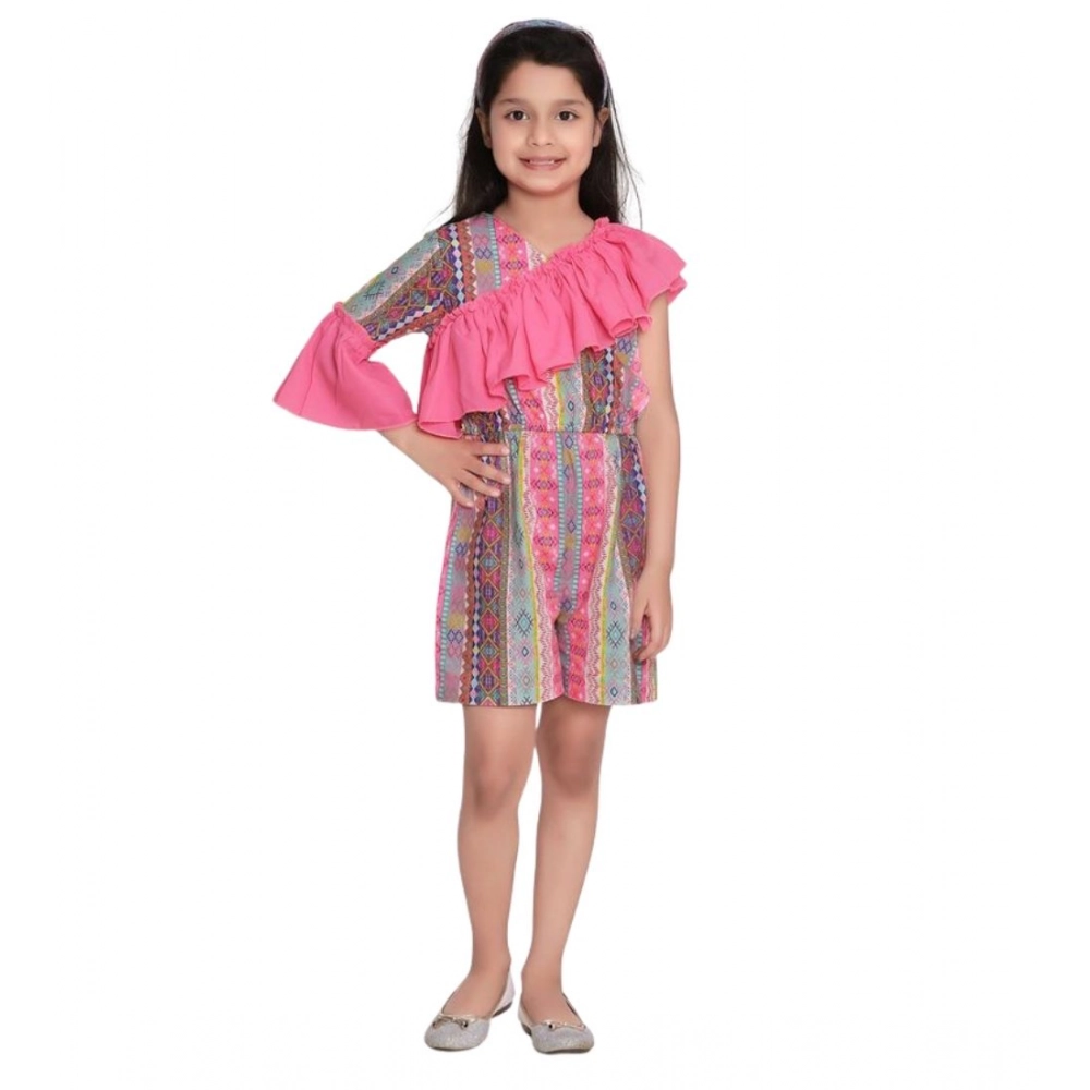 Generic Girl's Cotton & Polyester Printed 3/4th Sleeves Dress (Pink) - Image 2