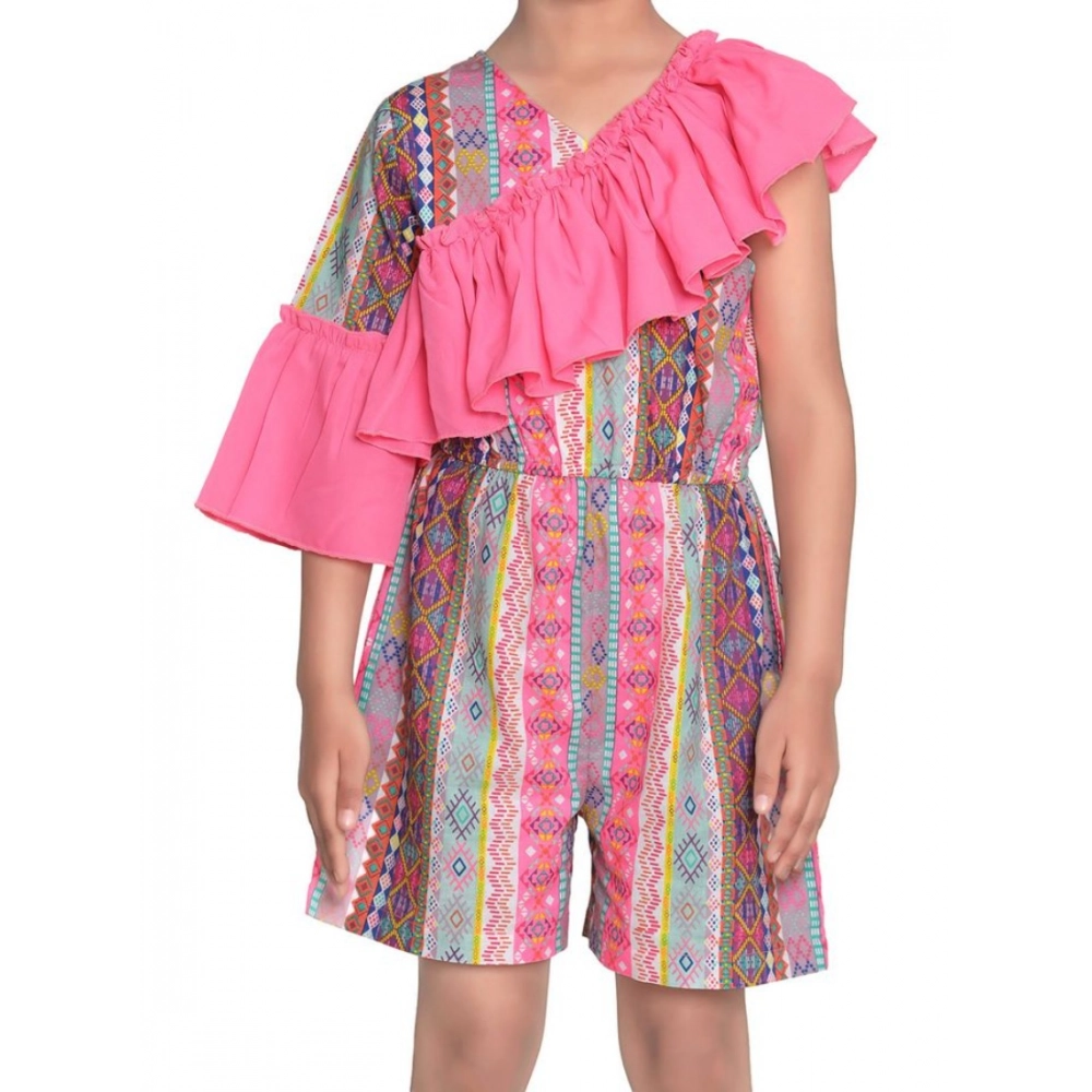Generic Girl's Cotton & Polyester Printed 3/4th Sleeves Dress (Pink)