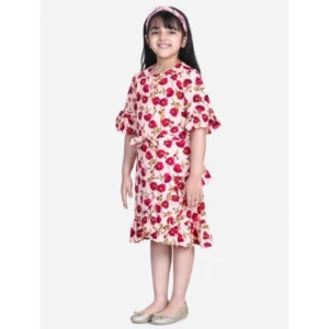 Generic Girl's Polyester Crepe Floral Bell Sleeve Dress (Red-Pink)