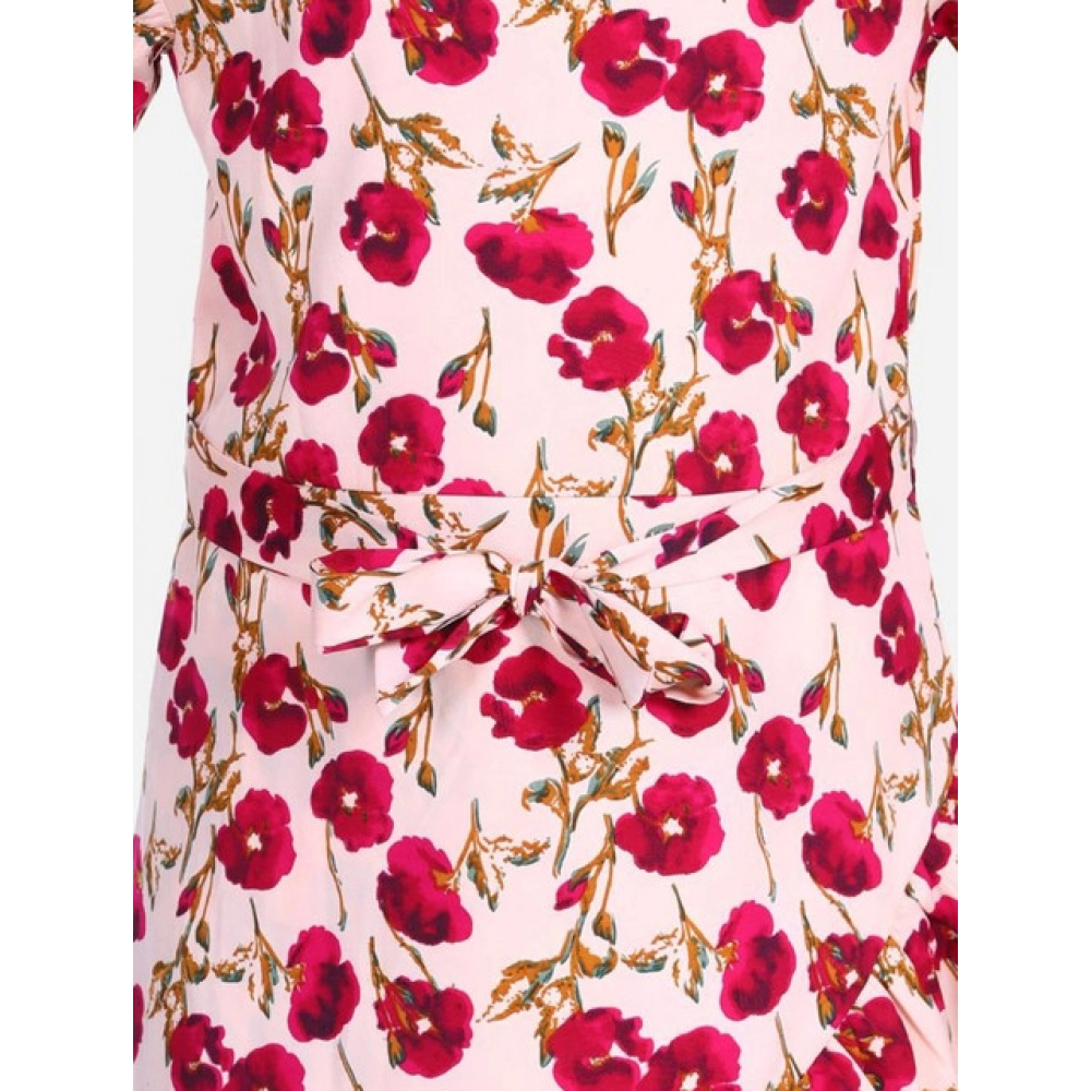 Generic Girl's Polyester Crepe Floral Bell Sleeve Dress (Red-Pink) - Image 3