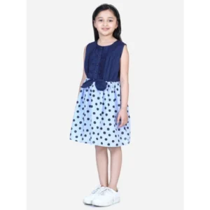 Generic Girl's Denim Polka Sleeveless Dress (Blue)