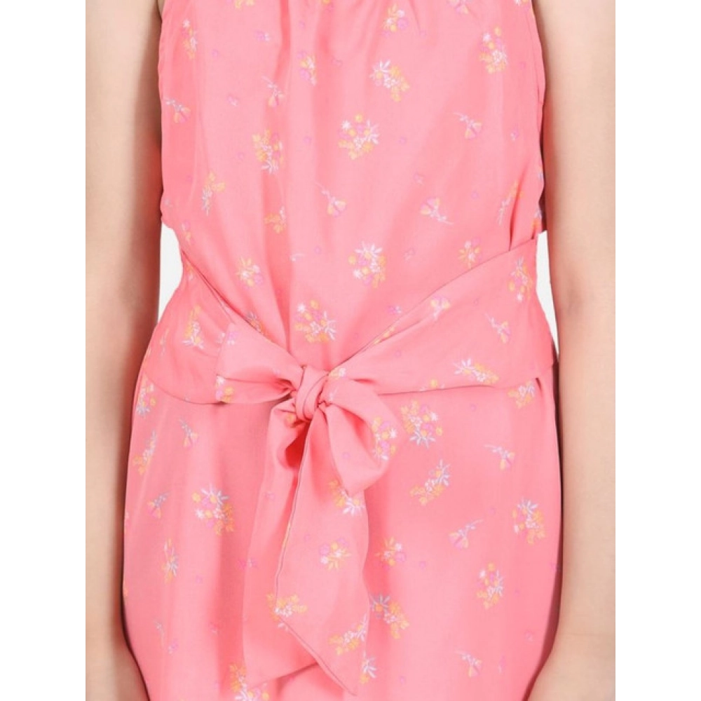 Generic Girl's Polyester Floral Short Sleeve Dress (Coral) - Image 3