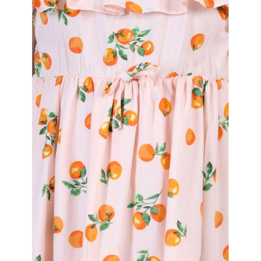Generic Girl's Rayon Printed Sleeveless Dress (Orange) - Image 3