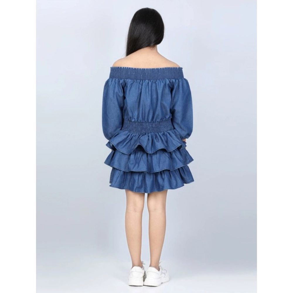 Generic Girl's Denim Solid Off Shoulder Dress (Blue) - Image 4